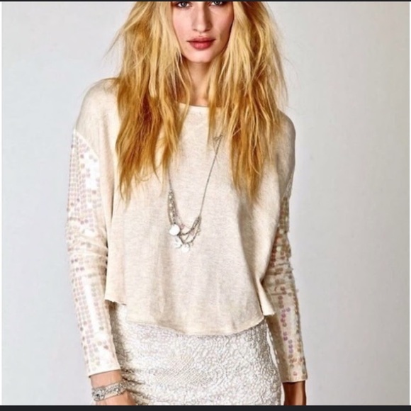 Free People Tops - Cream Sequin Sleeve Crewneck Crop Blouse